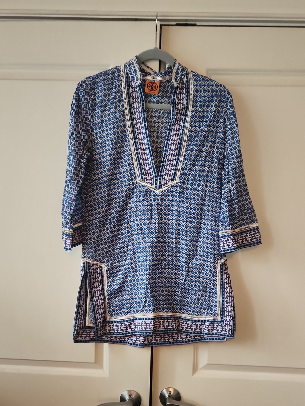 Tory Burch Blue Printed V-Neck Tunic with Border Trim